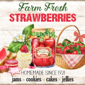 Vintage Grunge Wood Background Farm Fresh Strawberries, Basket, Fruit, Farmhouse Decor, Country Art Sign and Print Digital Download