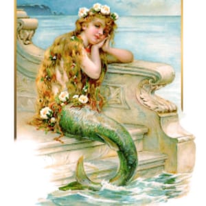 May include: A mermaid with long flowing hair adorned with white flowers sits on a stone ledge with her tail in the water. The water is a light blue and the sky is a pale blue with white clouds.
