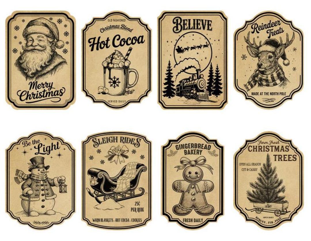 Winter Rustic Labels Vintage Grunge Background Farmhouse Christmas Holiday, Deer Santa ...