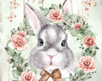 Vintage Grunge Background Farmhouse Spring, Easter, Bunnies, Shabby Roses Wreath, Art Sign and Prints Digital Download
