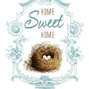 May include: An image featuring the text "HOME Sweet HOME" in teal script, within a light blue ornate frame. Below the text is a bird's nest containing two white eggs. The design has a welcoming and homely aesthetic.