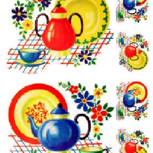 May include: A vintage illustration of a red teapot, a blue teapot, and two teacups with saucers. The teacups are blue and green. The teapots and teacups are on a checkered tablecloth with flowers.
