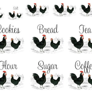 May include: Nine black and white rooster and hen illustrations with text labels for kitchen canisters: Pepper, Salt, Cookies, Bread, Tea, Flour, Sugar, Coffee.