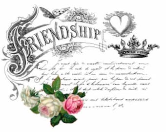 Könnte beinhalten: Ein Bild im Vintage-Stil mit dem Wort "Friendship" in einer dekorativen Schriftart. Das Bild zeigt außerdem eine Krone, ein Herz und Rosen.
