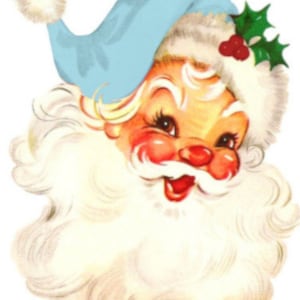 May include: Vintage illustration of Santa Claus with a light blue hat and fluffy white beard. His rosy cheeks and red nose are prominent, and he has a cheerful expression. Holly and berries adorn his hat. A classic Christmas image.