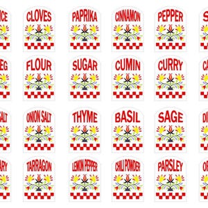 May include: A collection of spice labels with various names in red text. Each label has a white background with a floral design in yellow, blue, and green, and a red and white checkered border. Spices include allspice, cloves, paprika, and more.