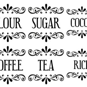 May include: Black and white pantry labels with decorative scrollwork. The labels read: FLOUR, SUGAR, COCOA, COFFEE, TEA, and RICE. These labels are designed for kitchen organization and storage.