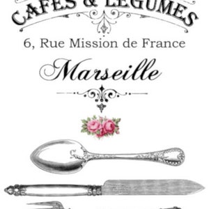 Pode incluir: Ilustração a preto e branco com colher, faca e garfo. A imagem inclui o texto "CAFÉS & LÉGUMES" e "Marseille". Um pequeno buquê de rosas cor-de-rosa também está presente.