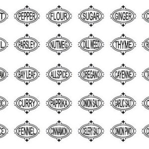 May include: Black and white oval labels with various spice names, including salt, pepper, flour, sugar, ginger, cloves, basil, parsley, nutmeg, dill weed, thyme, rosemary, marjoram, bay leaf, allspice, oregano, cayenne, tarragon, turmeric, curry, paprika, onion salt, garlic salt, cumin, pie spice, fennel, cinnamon, celery salt, onion pwd, and chili pwd.