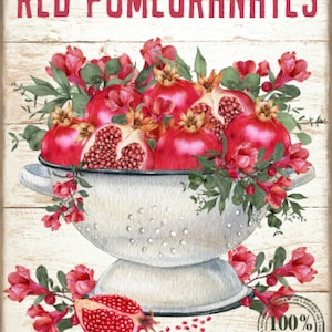 Vintage Grunge Wood Background Farm Fresh Red Pomegranates, Kitchen Colander, Fruit, Farmhouse Decor, Art Sign and Print Digital Download