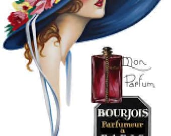Vintage Image Woman Wearing Big Floppy Floral Hat, Mon Parfum, 1920's Perfume Bottle With Shabby Roses Digital Download — Printable Ephemera