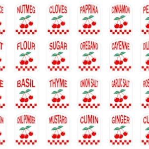 May include: A set of 16 spice jar labels with red and white checkered backgrounds. Each label features a different spice name and a red cherry illustration.