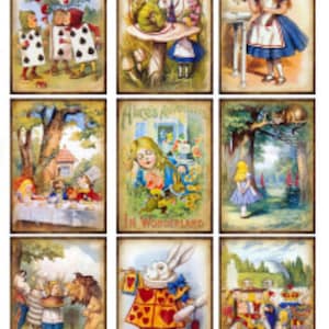 9 Vintage Grunge Alice In Wonderland Collage Sheet ATC ACEO Storybook / Retro Children Digital Collage Sheet Tags Images—Printable Ephemera