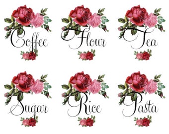 May include: Six floral themed labels with the words "Coffee", "Flour", "Tea", "Sugar", "Rice", and "Pasta" written in cursive. Each label features a cluster of red and pink roses with green leaves.