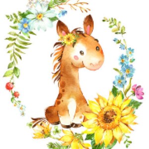 May include: A watercolor illustration of a brown horse with a flower crown, sitting in a wreath of sunflowers, blue and white flowers, and green leaves.