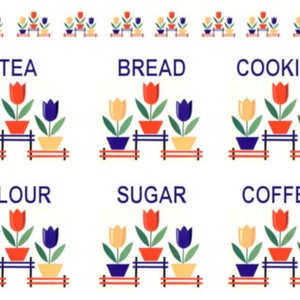 May include: Nine white ceramic canisters with red, orange, yellow, and blue tulip designs. The canisters are labeled "Tea", "Bread", "Cookies", "Flour", "Sugar", and "Coffee".