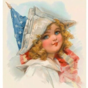 May include: A young girl wearing a white sailor dress and a red, white, and blue hat. The hat is made of a newspaper and has a small American flag on top.