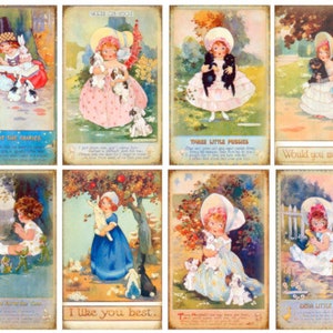 May include: A set of 8 vintage postcards featuring illustrations of children with animals. The postcards are printed on thick paper with a textured surface. Each postcard has a different illustration and a short caption. The captions include: "All About The Fairies", "Take Me Out", "Three Little Pussies", "Would You Wait, Fido?", "Playing The Accordion", "I Like You Best", "Three Little Pussies", and "Dear Little Ducks".