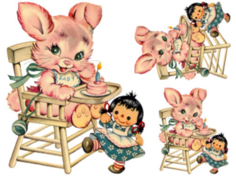 Vintage Nursery Baby Pink Bunny In Highchair Waterslide Decals AN504 B - 1 Large+Assorted