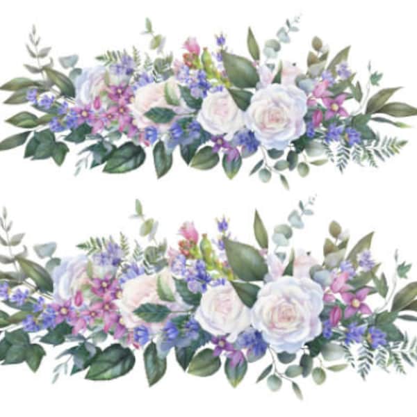 Watercolor Shabby White Roses and Lavender Flowers Swag Waterslide Decal FL568