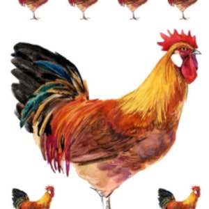 May include: A watercolor painting of a rooster with red, orange, yellow, and black feathers. The rooster is standing on a white background.