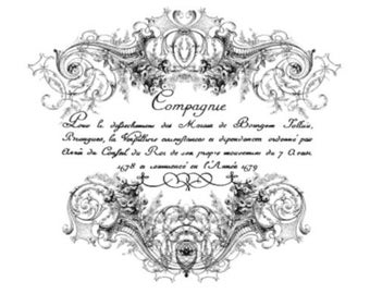 Könnte beinhalten: Schwarzweißillustration eines dekorativen, verzierten Rahmens mit dem Text "Compagnie Pour le defsechomens des Мочала de Bongem Fallius, Preungues, la Verpillere ermoustances a dependanom ordonné par Aria de Confal du Ros de son propre mouvemin du 7 Arun 1678 a сотичное en l'Année 1679".