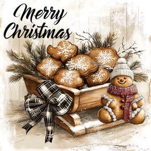 Grunge Wood Primitive Merry Christmas, Sled of Gingerbread Man, Cookies, Farmhouse Decor, Country Signs, DYI Art Prints, Digital Download
