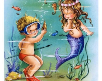 vintage Image Nursery Retro Mermaid Boy Under The Sea Transfers Waterslide Décalcomanies KID686