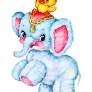 May include: A charming illustration of a light blue elephant with pink details. A yellow duck wearing a red and gold headdress plays a trumpet on the elephant's head. The image has a soft, cartoonish style, reminiscent of a children's book illustration.