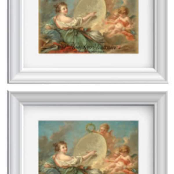 Francois Boucher : Allegory of Painting (1765) ~ Vintage Angels Wall Art Print French Typography - Giclee Fine Art Print