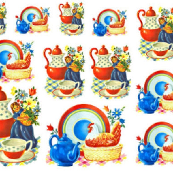 Vintage Image Shabby Retro Teapot And Rooster Kitchen Dishes Transfers Waterslide Decals~ KI322