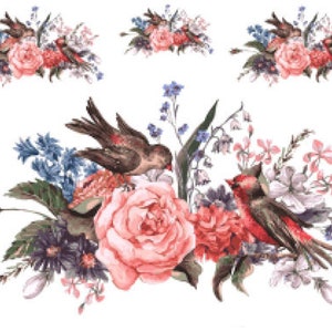 Shabby Pastel Watercolor Roses Flowers Swag and Birds Furniture Transfers Waterslide Decals FL519