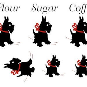May include: Five black silhouette illustrations of Scottish Terriers with red bows. Each dog is labeled with a word: "Flour", "Sugar", "Coffee", "Tea".