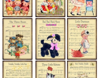 Hoja digital de collage 9 con rimas infantiles/canciones de cuna vintage grunge. Partituras ATC ACEO/etiquetas infantiles retro. Imágenes imprimibles.