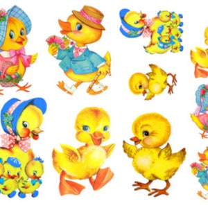 May include: A set of ten yellow duckling stickers featuring a variety of poses and expressions. Some ducks are wearing hats and bonnets. The stickers are ideal for adding a touch of whimsy to crafts, cards, and other projects.