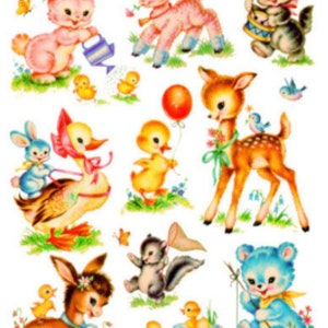 Vintage Image Shabby Retro Nursery Baby Animal Assortment Transfers Waterslide Decals AN678