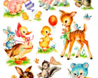 Vintage Image Shabby Retro Nursery Baby Animal Assortment Transfers Waterslide Decals AN678