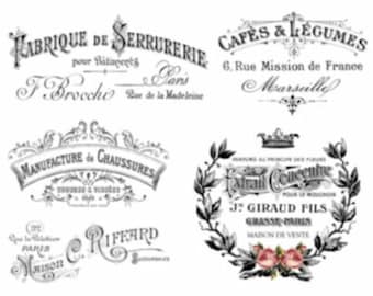 Könnte beinhalten: Fünf Vintage-Typografie-Designs im französischen Stil in Schwarzweiß. Die Designs zeigen Text in Französisch, darunter die Wörter "Cafes & Legumes", "Manufacture de Chaussures", "Habrique de Serrurerie", "J. Giraud Fils" und "C. Riffard".