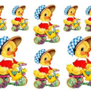 May include: Eight yellow chicks wearing blue and white checked hats ride tricycles. Each chick has a red shirt and a yellow beak. The tricycles are red, green, and yellow.