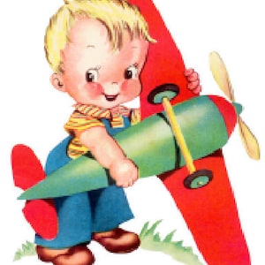 May include: A young child holds a red and green toy airplane. The plane has a propeller and wheels. The child is wearing a blue shirt with white stripes and blue pants.