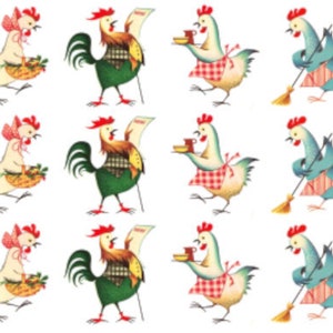 May include: Nine vintage illustrations of chickens and roosters. The chickens are wearing aprons and holding various items, including a cup of coffee, a broom, and a basket of eggs. The roosters are wearing plaid shirts and holding a newspaper and a cup of coffee.