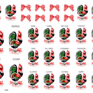 May include: A sheet of colorful stickers featuring illustrations of roosters and the names of various spices and herbs, including salt, pepper, basil, cumin, bay leaf, cinnamon, paprika, flour, sugar, sage, dill weed, rosemary, tarragon, marjoram, allspice, cloves, nutmeg, curry, and ginger.