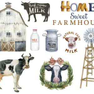 May include: Watercolor illustration of a farmhouse scene with a white barn, a cow, a windmill, a milk jug, a milk bottle, and a wreath with a cow's head. The text "HOME Sweet FARMHOUSE" is written in brown and blue letters. The text "Fresh Cow Milk" is written in black letters on a white sign.