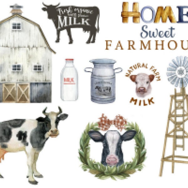 Farmhouse Collage Sheet, Elements, Cow, Barn, Windmill, Milk, Laurel Wreath, Waterslide Decal MIS699