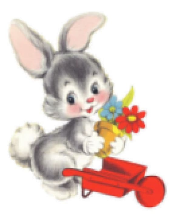 Vintage Image Retro Bunny Rabbit With Wheelbarrow Animals Etsy