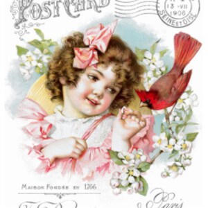 Imagem vintage de menina vitoriana gasta com flores e download digital cardinal - coisas efêmeras para impressão