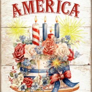 Vintage Grunge Wood Independence Day 4 luglio, Buon compleanno America, Torta patriottica, Fiori, Rose, Arte fai da te, Segni, Download digitale