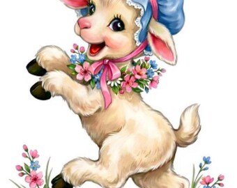 Vintage Image, Retro, Easter, Shabby Lamb Wearing Bonnet, Spring Flowers Transfers Waterslide Decals AN885