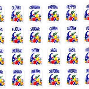 May include: Twenty-four white labels with blue borders and colorful fruit illustrations. Each label has a different spice or ingredient name printed in blue text. The labels are arranged in four rows of six labels each.
