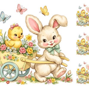 May include: A charming illustration featuring an Easter bunny with a light green bow, pushing a yellow cart filled with flowers and a baby chick. Butterflies are shown fluttering around the bunny and cart. The image has a soft, pastel colour palette.